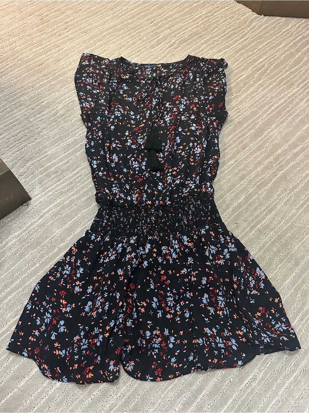 Black Floral Smocked Waist Dress with Tassel Tie